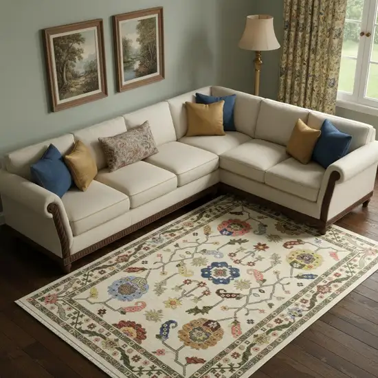 Ivory Green Blues Pink Yellow Rust Brown Tan And Grey Oriental Power Loom Stain Resistant Area Rug With Fringe Photo 1