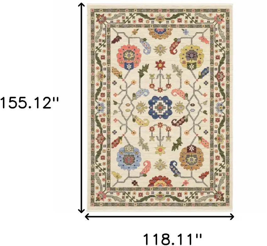 Ivory Green Blues Pink Yellow Rust Brown Tan And Grey Oriental Power Loom Stain Resistant Area Rug With Fringe Photo 9