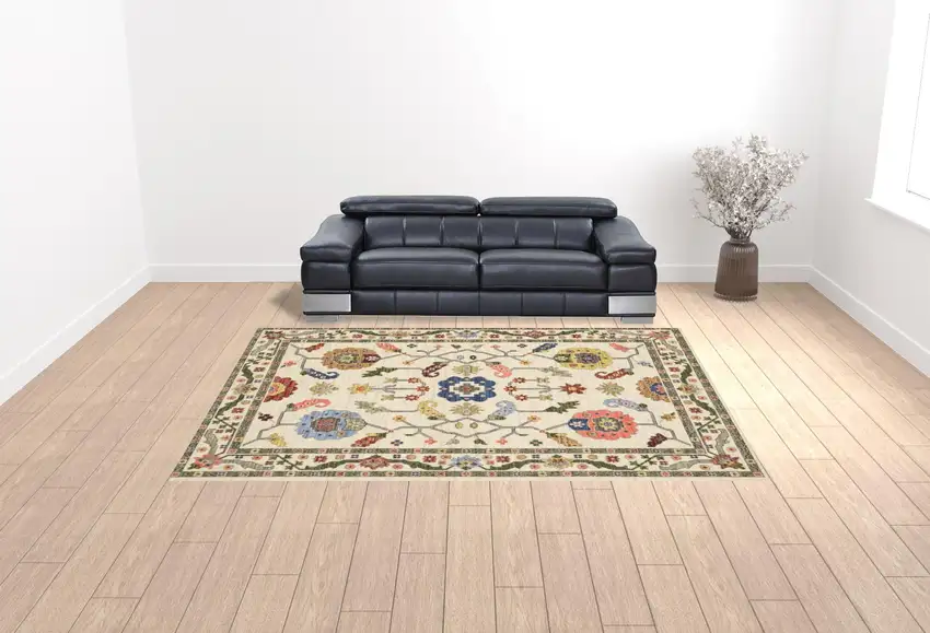 Ivory Green Blues Pink Yellow Rust Brown Tan And Grey Oriental Power Loom Stain Resistant Area Rug With Fringe Photo 3
