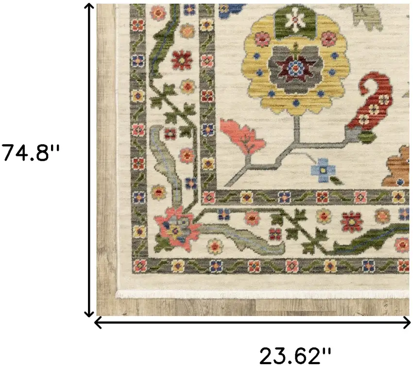 Ivory Green Blues Pink Yellow Rust Brown Tan And Grey Oriental Power Loom Stain Resistant Runner Rug With Fringe Photo 8