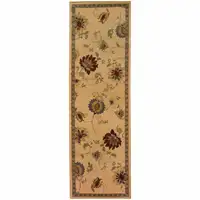 Photo of Ivory Green Brown Blue And Rust Floral Power Loom Stain Resistant Runner Rug