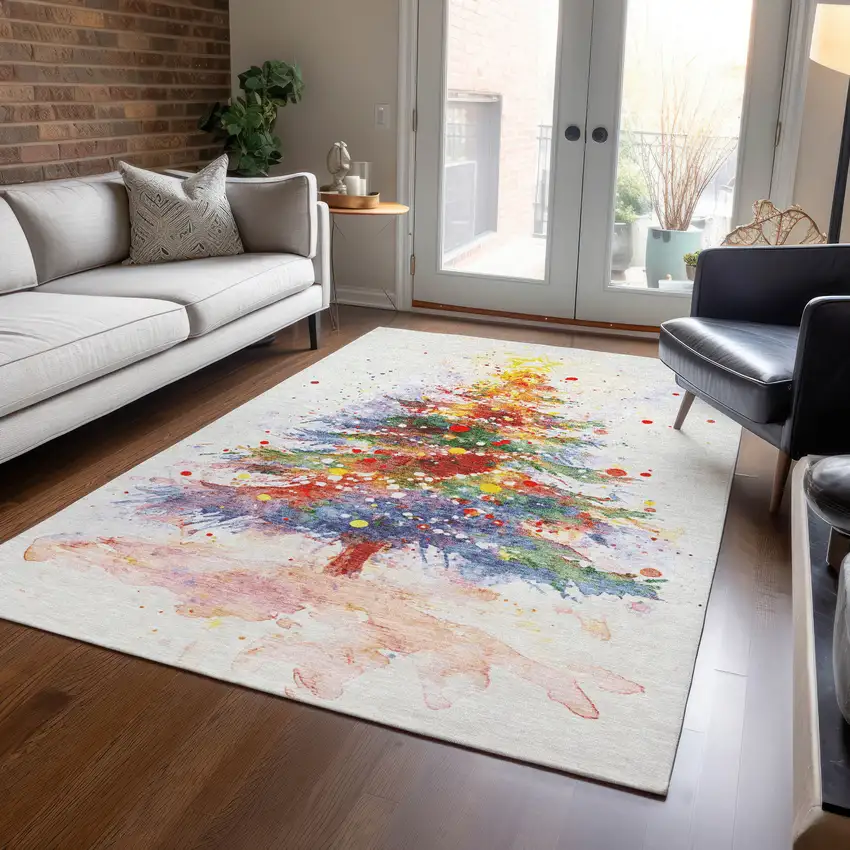 Ivory Green Purple Yellow And Blush Abstract Washable Indoor Outdoor Area Rug Photo 6