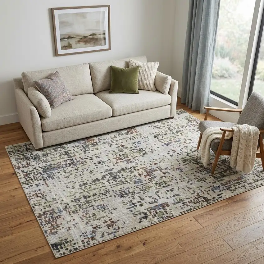 Ivory Green and Blue Abstract Power Loom Area Rug Photo 1