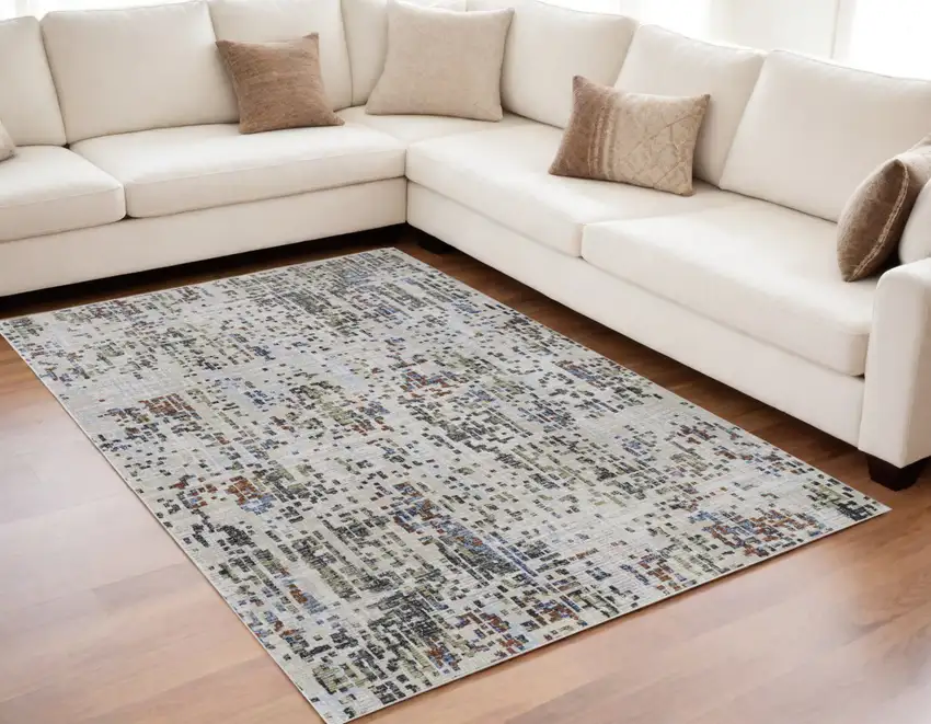 Ivory Green and Blue Abstract Power Loom Area Rug Photo 1
