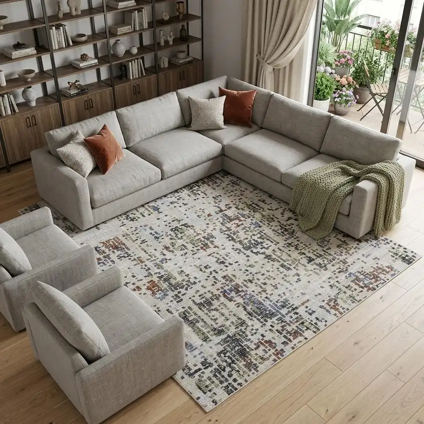 Ivory Green and Blue Abstract Power Loom Area Rug Photo 1