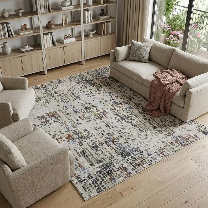 Ivory Green and Blue Abstract Power Loom Area Rug Photo 1