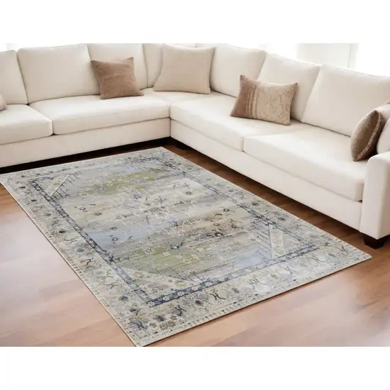 Ivory Green and Blue Abstract Power Loom Worn Faded Area Rug Photo 1