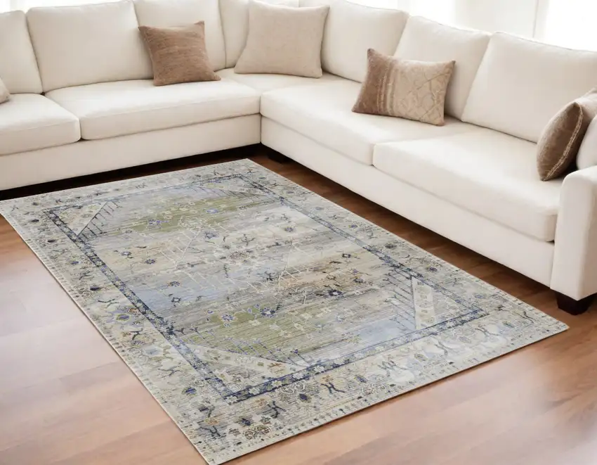 Ivory Green and Blue Abstract Power Loom Worn Faded Area Rug Photo 1