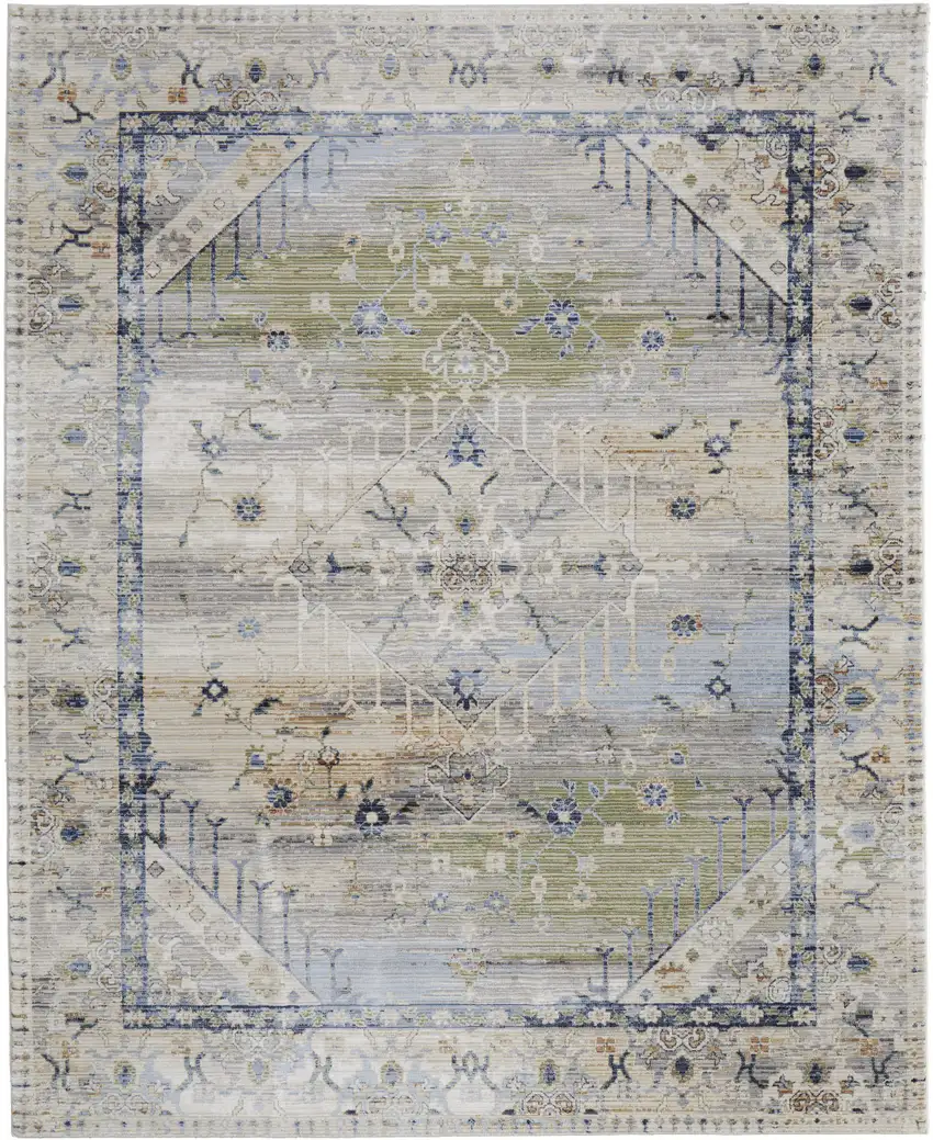 Ivory Green and Blue Abstract Power Loom Worn Faded Area Rug Photo 5