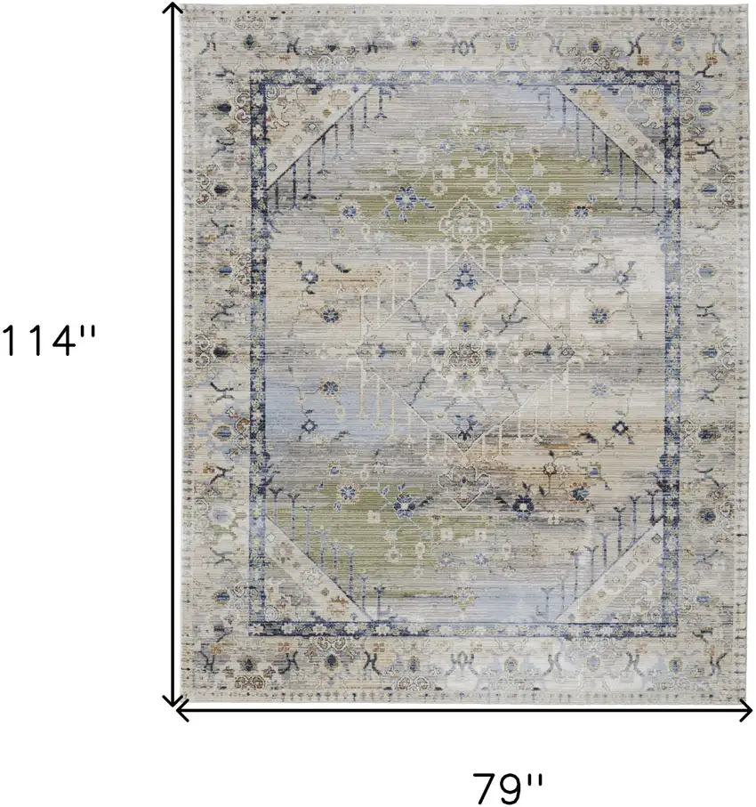 Ivory Green and Blue Abstract Power Loom Worn Faded Area Rug Photo 3