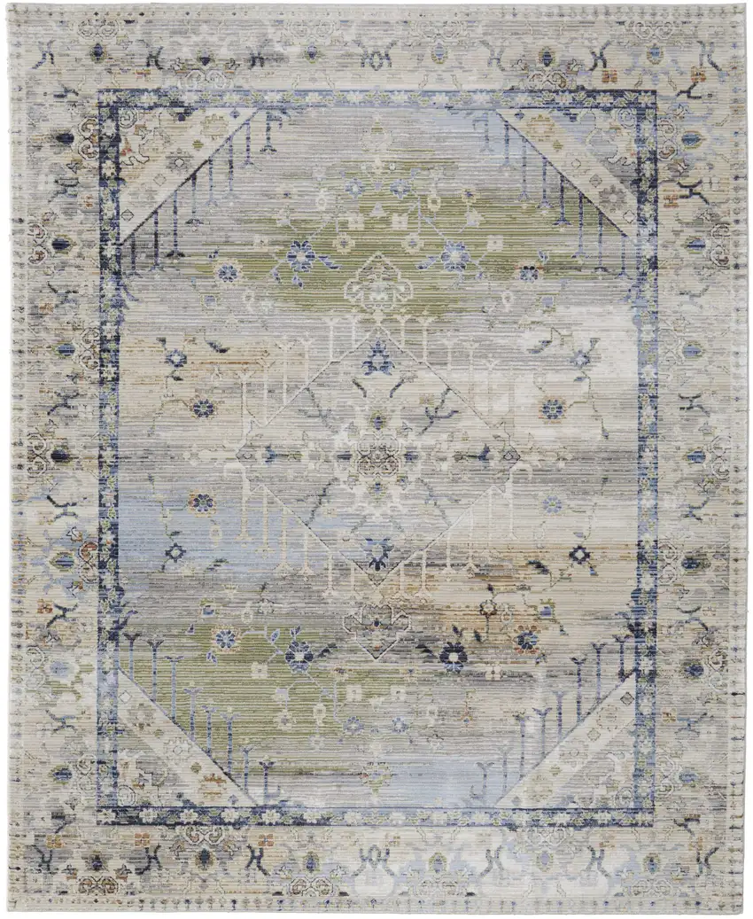 Ivory Green and Blue Abstract Power Loom Worn Faded Area Rug Photo 4