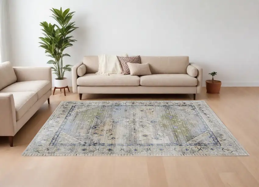 Ivory Green and Blue Abstract Power Loom Worn Faded Area Rug Photo 1