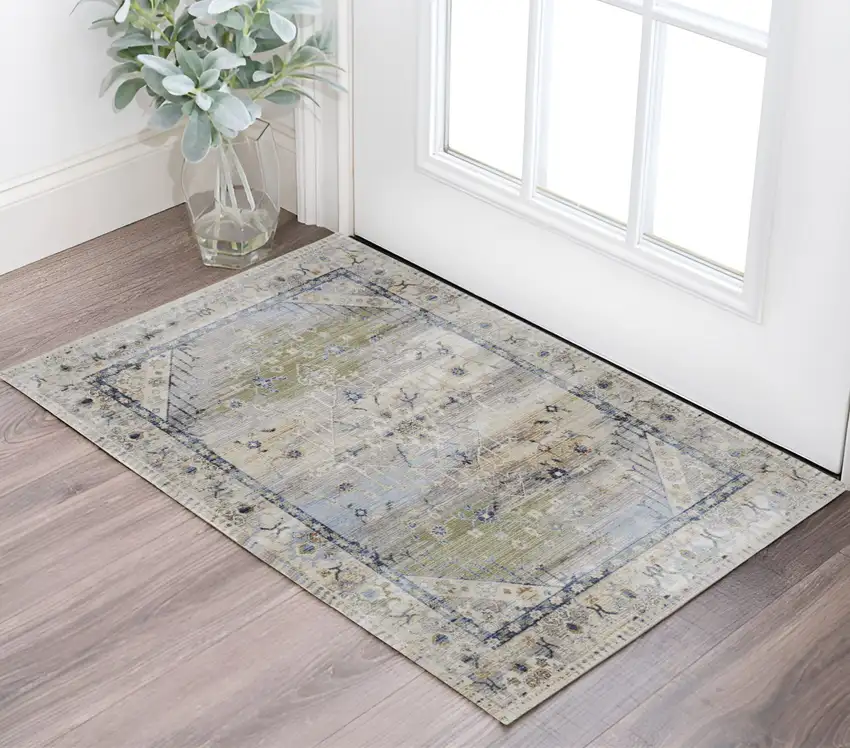 Ivory Green and Blue Abstract Power Loom Worn Faded Area Rug Photo 1