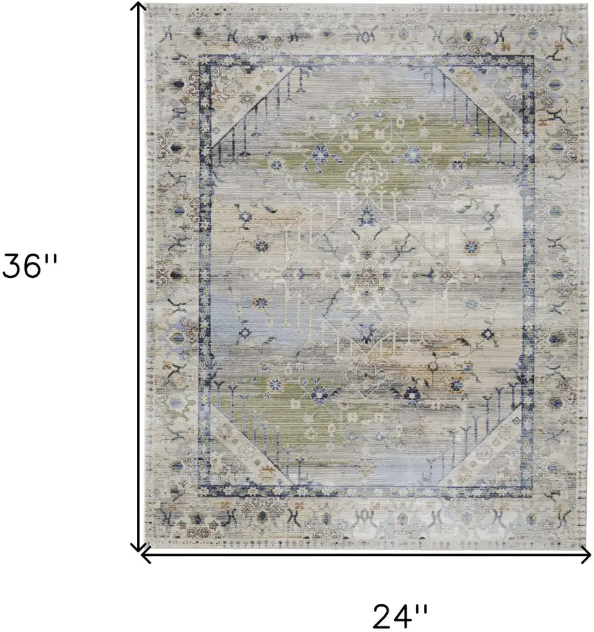 Ivory Green and Blue Abstract Power Loom Worn Faded Area Rug Photo 3