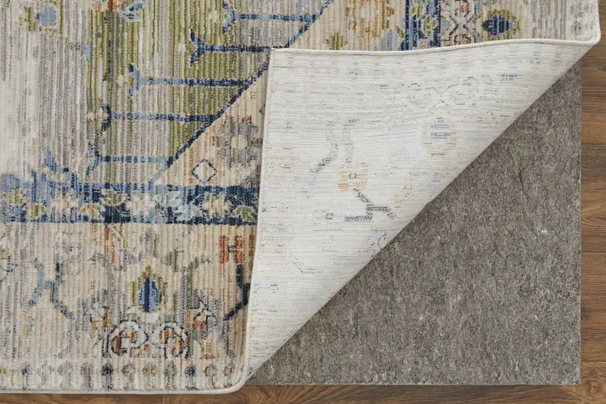 Ivory Green and Blue Abstract Power Loom Worn Faded Area Rug Photo 8