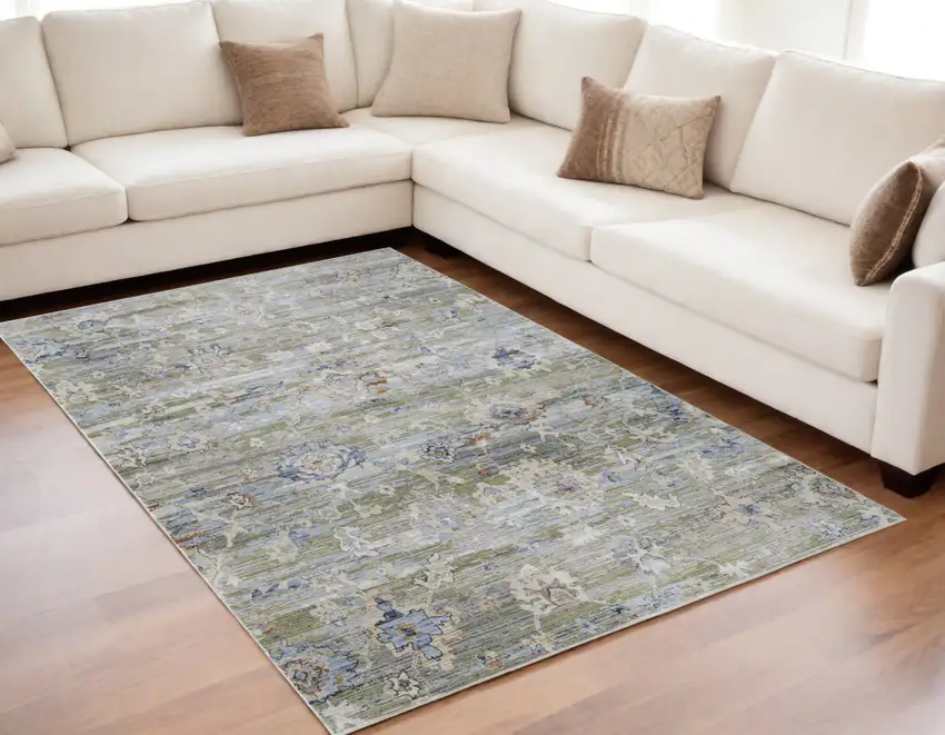 Ivory Green and Blue Floral Power Loom Worn Faded Area Rug Photo 1