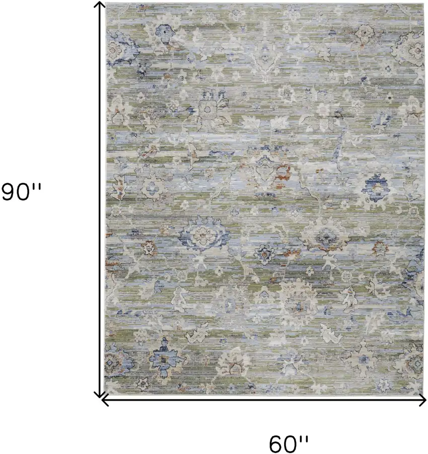 Ivory Green and Blue Floral Power Loom Worn Faded Area Rug Photo 3
