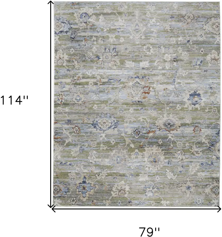Ivory Green and Blue Floral Power Loom Worn Faded Area Rug Photo 3