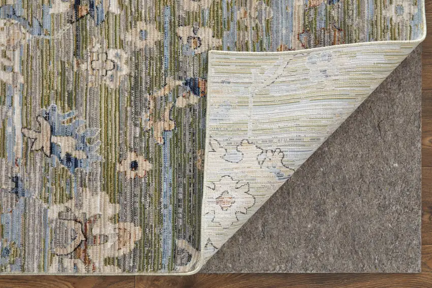 Ivory Green and Blue Floral Power Loom Worn Faded Area Rug Photo 8