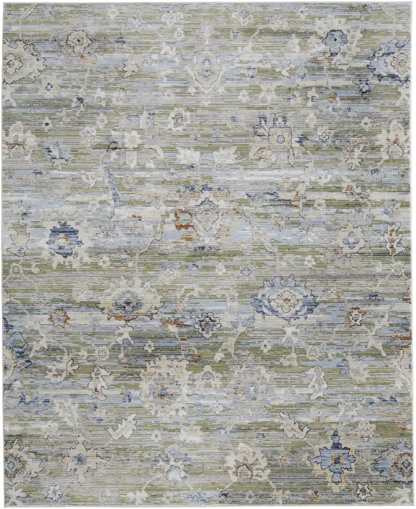 Ivory Green and Blue Floral Power Loom Worn Faded Area Rug Photo 5