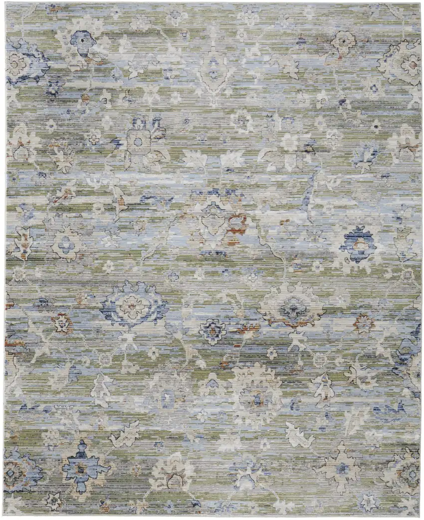 Ivory Green and Blue Floral Power Loom Worn Faded Area Rug Photo 4