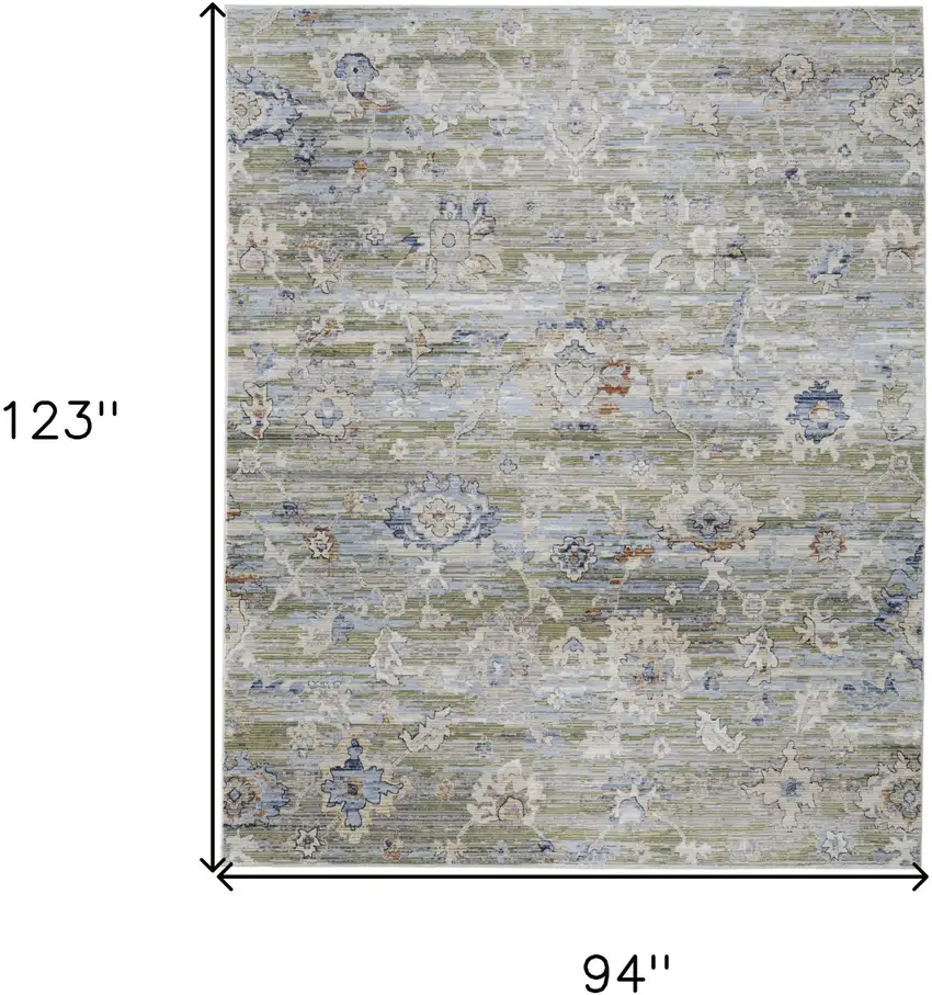Ivory Green and Blue Floral Power Loom Worn Faded Area Rug Photo 3