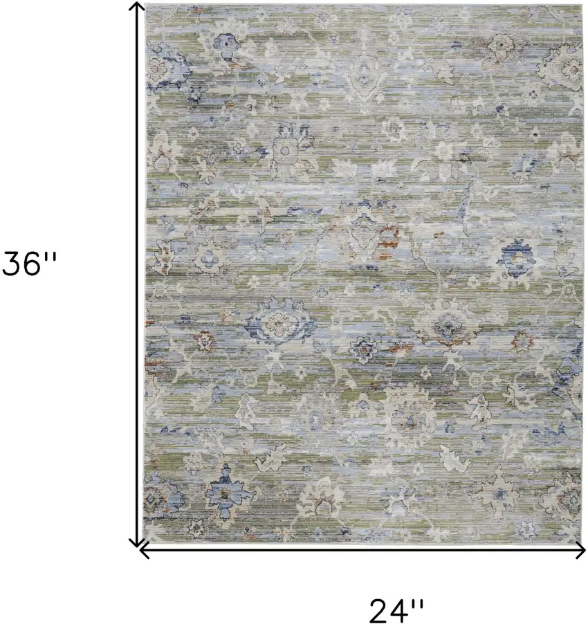 Ivory Green and Blue Floral Power Loom Worn Faded Area Rug Photo 3