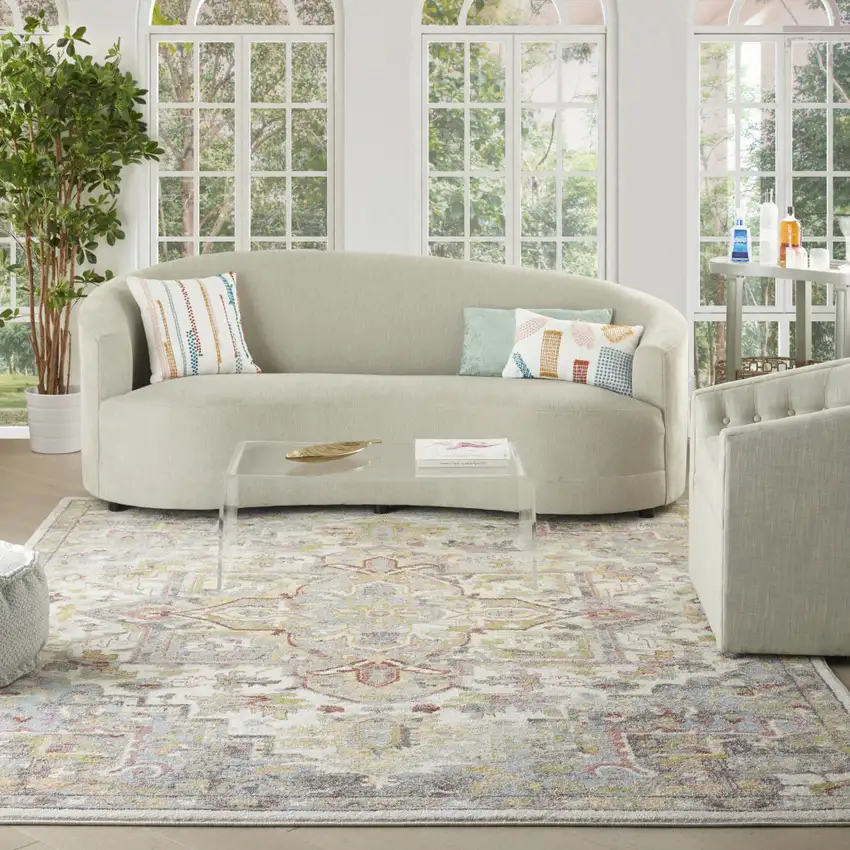 Gray Green And Ivory Floral Medallion Area Rug Photo 6
