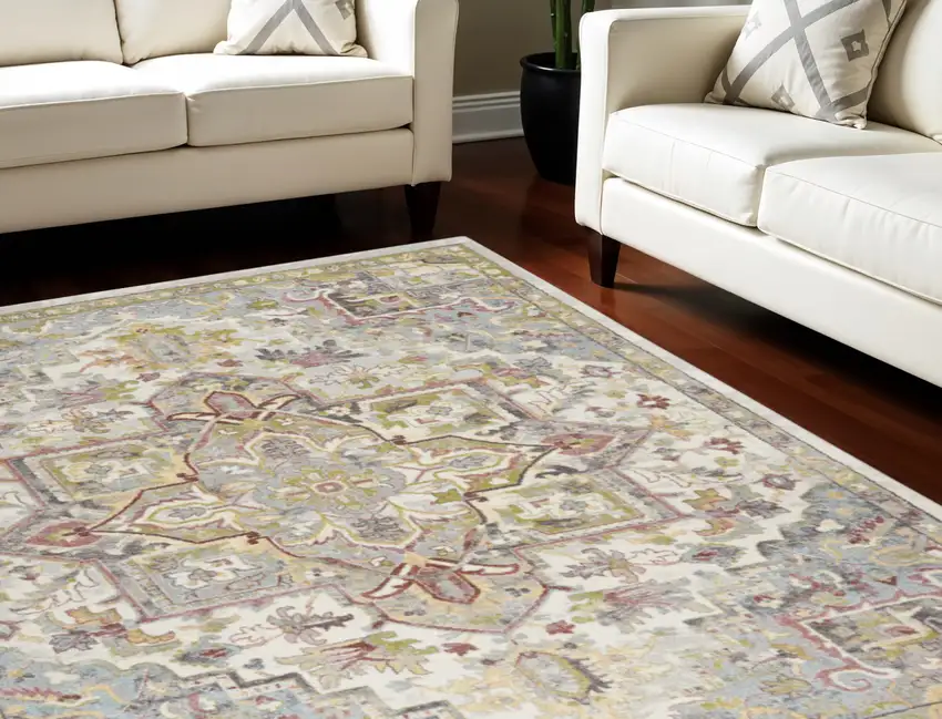 Ivory Green and Gray Floral Area Rug Photo 1