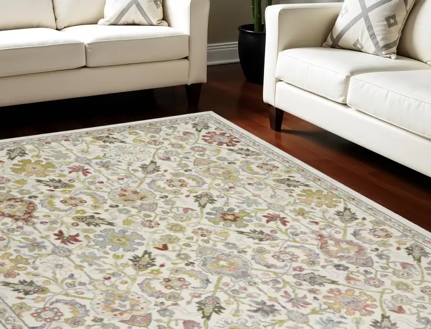 Ivory Green and Gray Floral Area Rug Photo 1