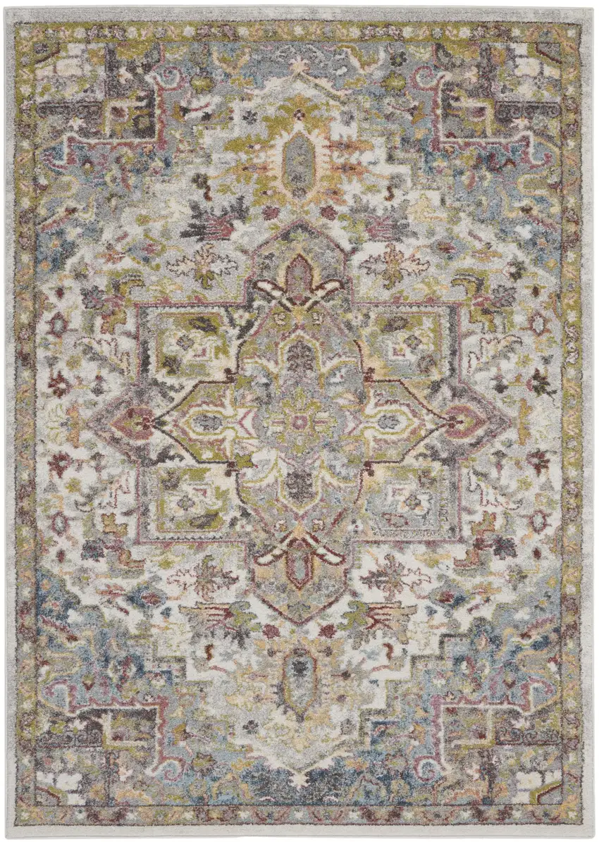 Ivory Green and Gray Floral Medallion Area Rug Photo 1