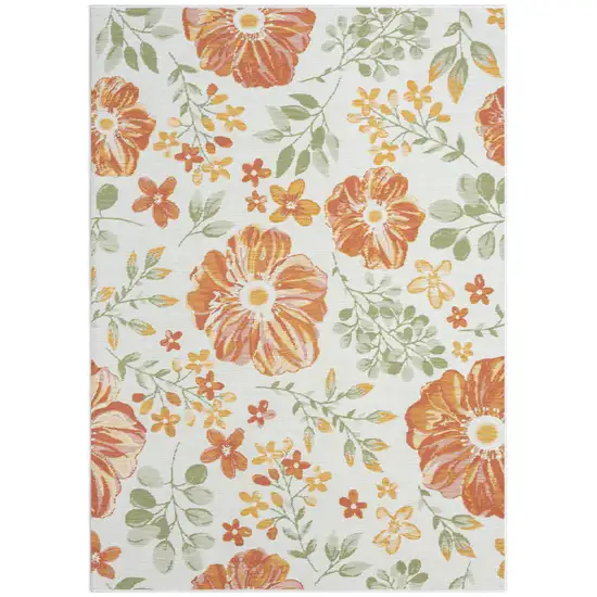Ivory Green and Orange Floral Stain Resistant Indoor Outdoor Area Rug Photo 7