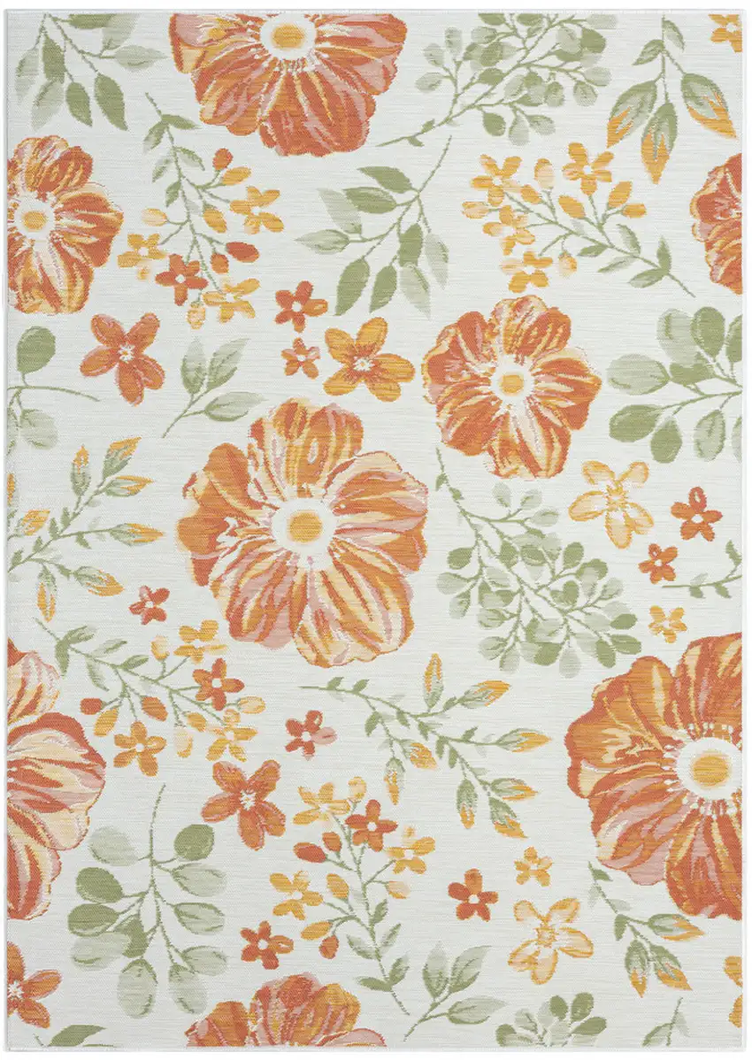 Ivory Green and Orange Floral Stain Resistant Indoor Outdoor Area Rug Photo 7