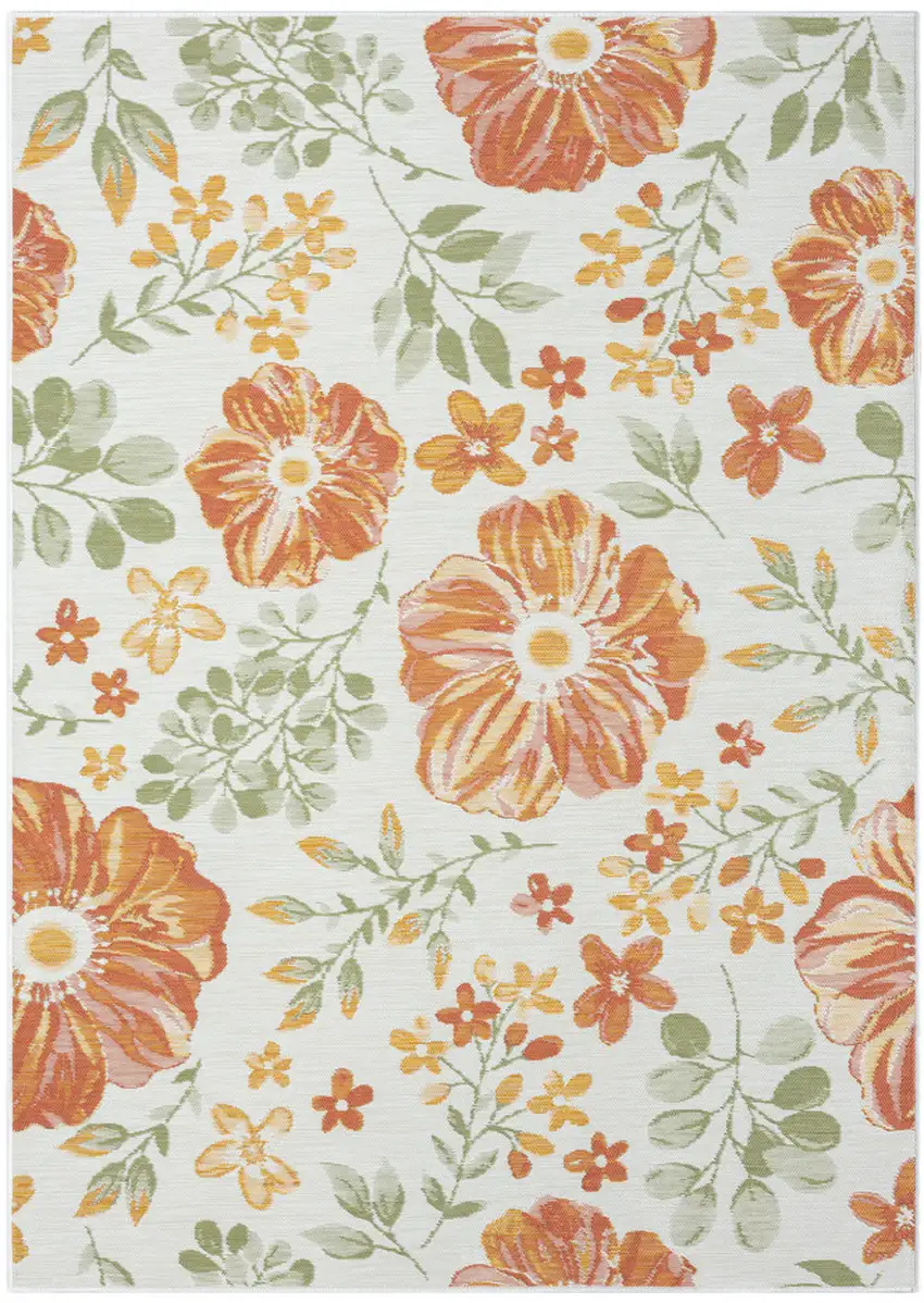 Ivory Green and Orange Floral Stain Resistant Indoor Outdoor Area Rug Photo 2