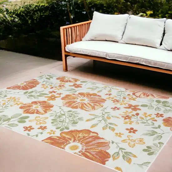 Ivory Green and Orange Floral Stain Resistant Indoor Outdoor Area Rug Photo 1
