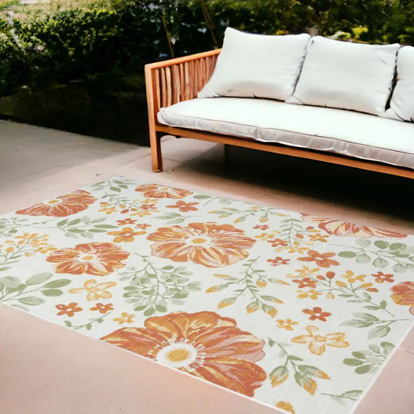 Ivory Green and Orange Floral Stain Resistant Indoor Outdoor Area Rug Photo 1
