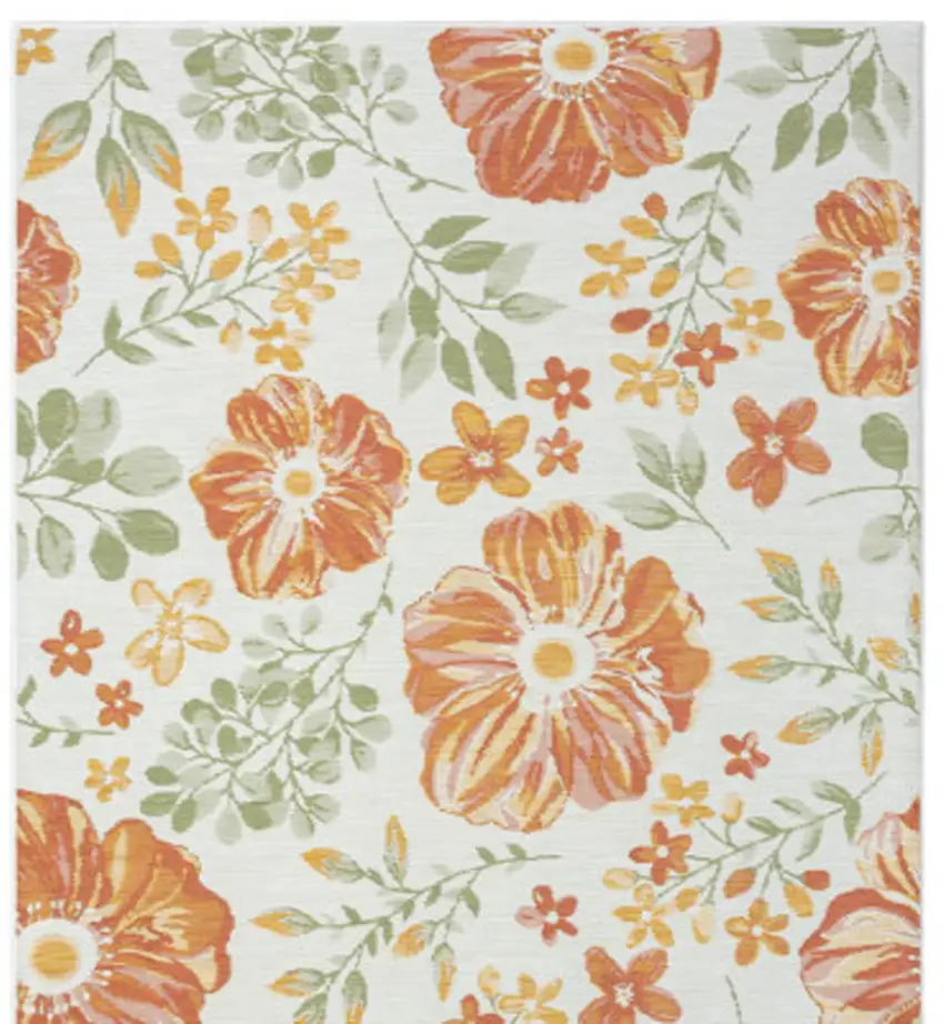 Ivory Green and Orange Floral Stain Resistant Indoor Outdoor Runner Rug Photo 7