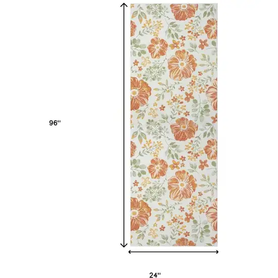 Ivory Green and Orange Floral Stain Resistant Indoor Outdoor Runner Rug Photo 9