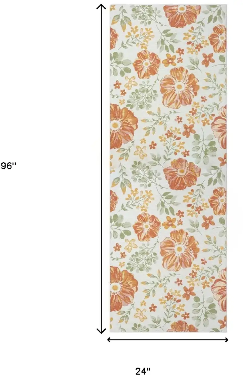 Ivory Green and Orange Floral Stain Resistant Indoor Outdoor Runner Rug Photo 9