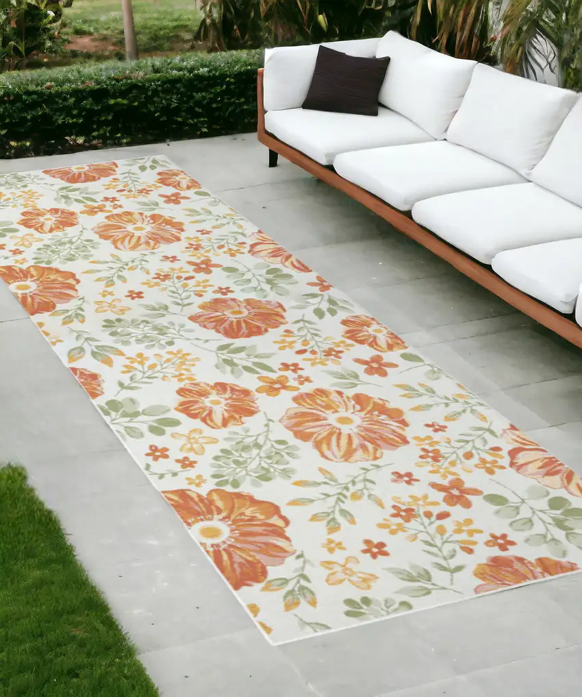 Ivory Green and Orange Floral Stain Resistant Indoor Outdoor Runner Rug Photo 1