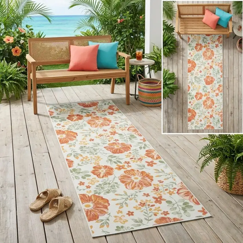 Ivory Green and Orange Floral Stain Resistant Indoor Outdoor Runner Rug Photo 1