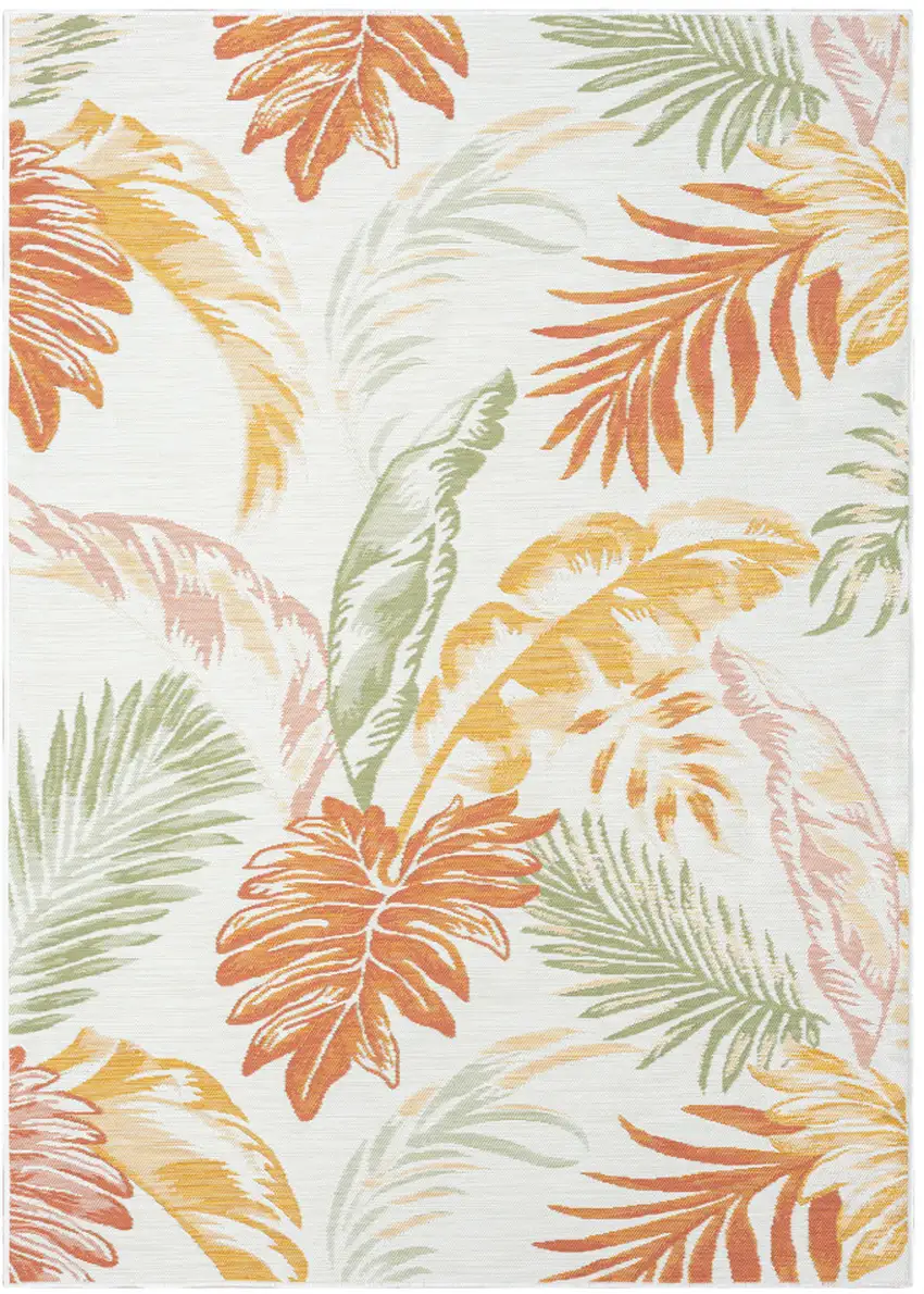 Ivory Green and Orange Palm Leaf Stain Resistant Indoor Outdoor Area Rug Photo 2