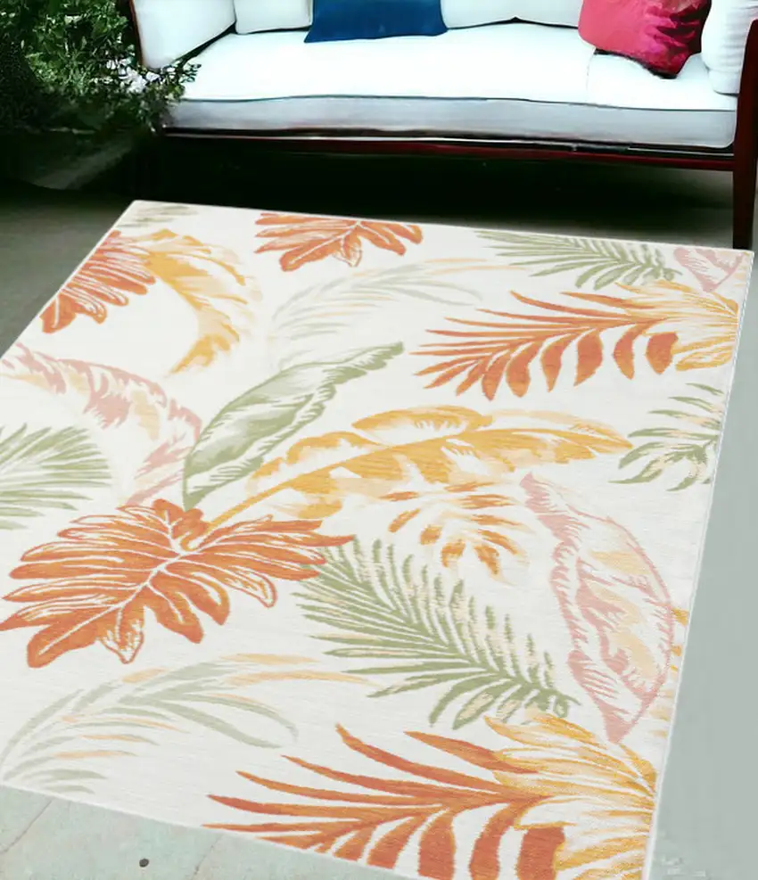 Ivory Green and Orange Palm Leaf Stain Resistant Indoor Outdoor Area Rug Photo 1