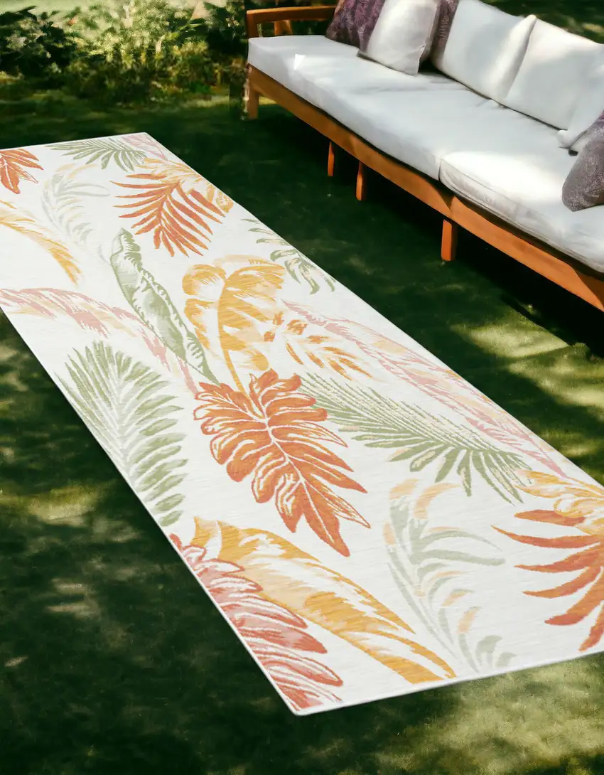Ivory Green and Orange Palm Leaf Stain Resistant Indoor Outdoor Runner Rug Photo 1
