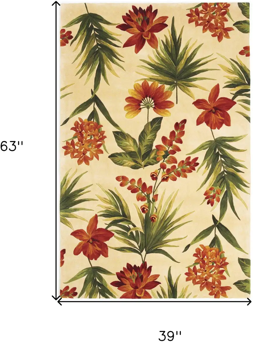 Ivory Green and Orange Wool Tropical Floral Handmade Area Rug Photo 6
