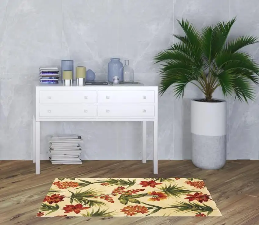 Ivory Green and Orange Wool Tropical Floral Handmade Area Rug Photo 2