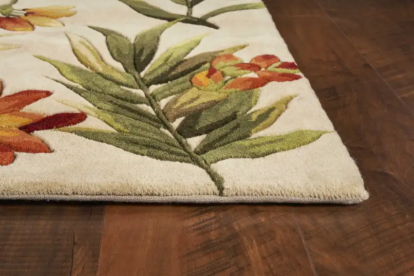 Ivory Green and Orange Wool Tropical Floral Handmade Area Rug Photo 5