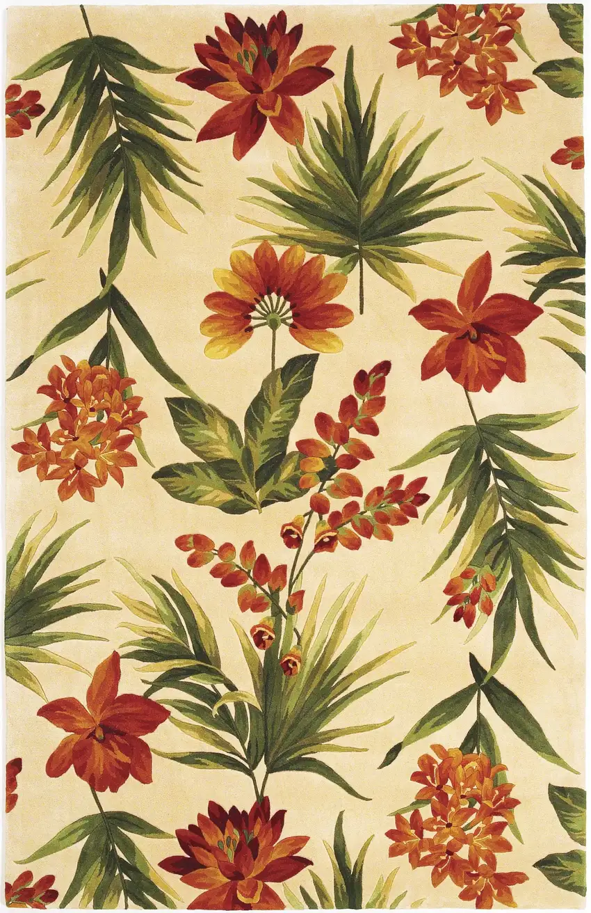 Ivory Green and Orange Wool Tropical Floral Handmade Area Rug Photo 1