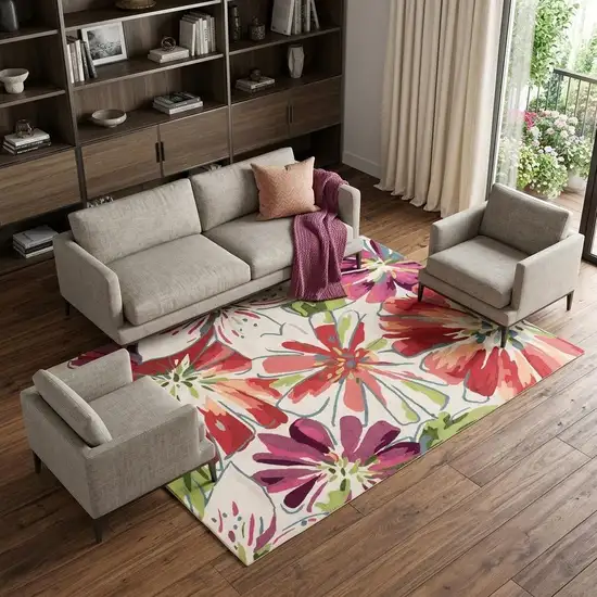Ivory Green and Red Floral Hand Carved Handmade Area Rug Photo 1