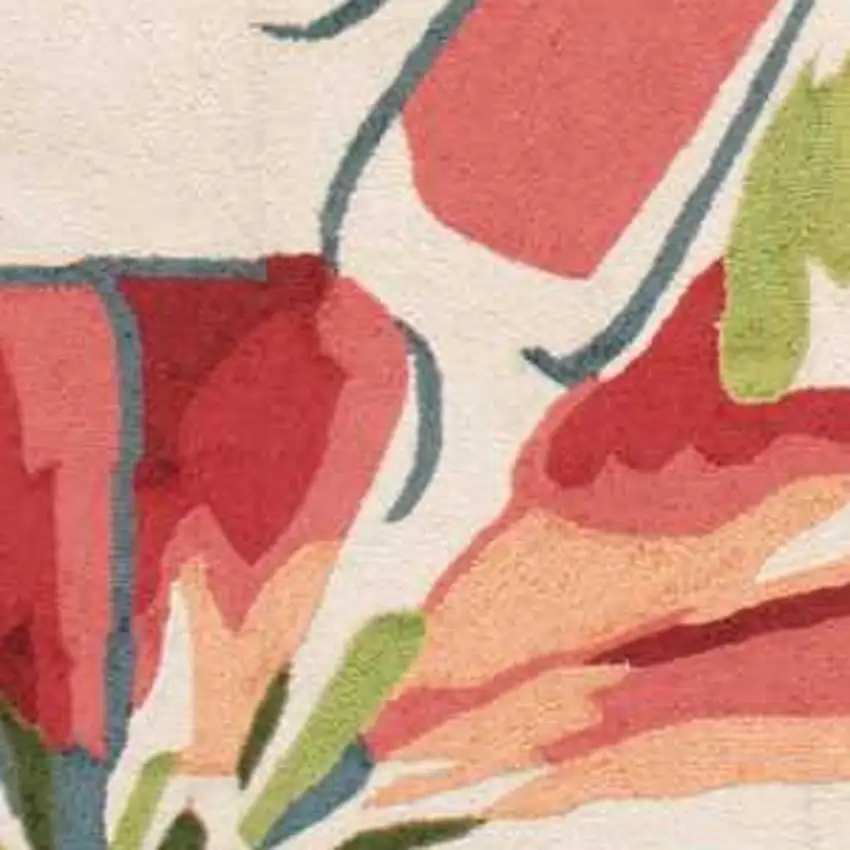 Ivory Green and Red Floral Hand Carved Handmade Area Rug Photo 3